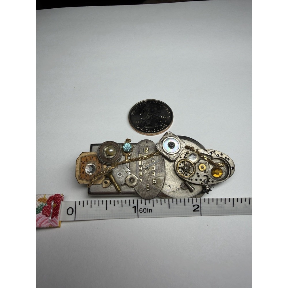 VTG Steampunk Watch Parts & Crystals 3.5" Handmade Artisan Brooch MARCI - Picture 3 of 5